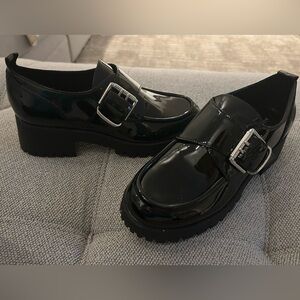 Marc Fisher Black Patent Loafers with Silver Buckle